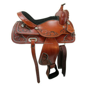 Sillín de caballo de cuero occidental de calidad superior Pleasure Trail Riding Floral Brown Horse Saddle English Racing Saddle - Product Image 1