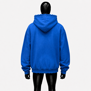 Sudadera con capucha azul extragrande con cremallera completa, estampado de estrellas rojas y borde desgastado, estilo streetwear unisex de ajuste holgado. ¡Oferta! - Product Image 2