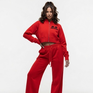 Vibrant Yellow Cropped Hoodie Tracksuit Women Zip Up Oversized Hooded <b>Top</b> with <b>Flowy</b> Wide Leg Pants Soft Fleece Fashion Set - Product Image 2