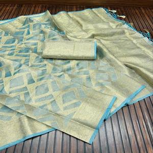 VASTRA COTTAGE Sari de Seda Organza Pura con Tejido Jacquard, Acabado Arrugado, Borlas y Fumka, Ropa Étnica Festiva - Product Image 2