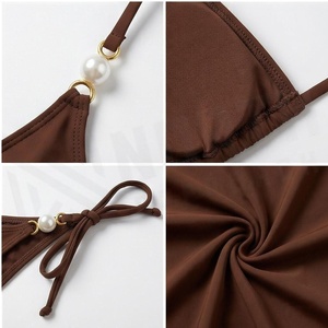 Women Brown Halter <b>Bikini</b> <b>Set</b> With Pearls Tie Side Bottom Solid Color Swimwear Two Piece Beachwear - Product Image 4