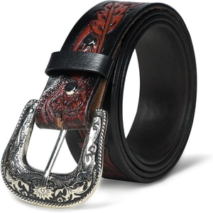 Custom Made Two Tone Antique Finish Western Leather <b>Tooling</b> <b>Belt</b> for Unisex with Floral Engraved antique Brass Pin Buckle - Product Image 2