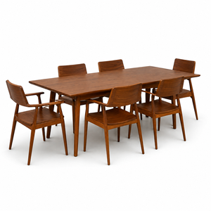 Ensemble de table à manger en teck massif moderne avec 6 fauteuils pour la maison, l'hôtel, la villa, le restaurant - Product Image 1
