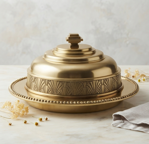 Beurrier vintage en laiton avec couvercle, design gravé rond, hermétique, vaisselle de cuisine pour les fêtes - Product Image 1