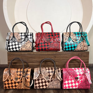 Premium 2026 Fashion Woman's Bag Checkered Floral Design Tooled Leather Tote Messenger Bag Genuine Cowhide Leather Handbag Purse - Product Image 4