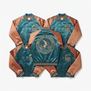 Wholesale B2B Supplier Steel Blue <b>Silver</b> Satin Varsity <b>Jacket</b> Snap Button Custom Embroidered Benthic Shell Guild Baseball Coat - Product Image 4
