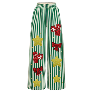 Pantalon large taille haute pour femme, respirant, broderie de personnages de Noël, taille élastique, coupe décontractée, toutes saisons, vente en gros - Product Image 3