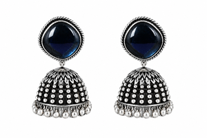 Vintage Midnight Blue Stone Jhumka Earrings Handmade <b>Oxidized</b> Silver Tribal Dome Earrings Wholesale Ethnic Jewelry Supplier - Product Image 3