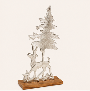 Antique Nickel Reindeer Figurine & Metal <b>Tree</b> Scene High-Quality Aluminum Nordic Style Christmas Sculpture With Wooden Base - Product Image 3