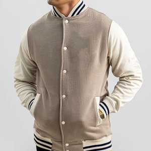 Veste varsity beige pour homme avec manches blanches, col rabattu, vêtement décontracté d'automne, fermeture à boutons, logo imprimé sur le devant - Product Image 6