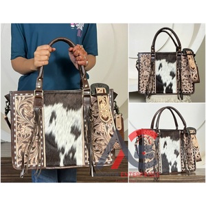New Fashion Hair on Cowhide Floral Hand Tooled Leather Tassel Tote Bag <b>Concealed</b> Carry Women Purse Western Leather Handbags - Product Image 1