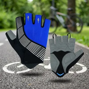 Gants de cyclisme demi-doigts bleu-gris unisexes, respirants, en polyester, fermeture à enfiler, design bleu-gris - Product Image 4