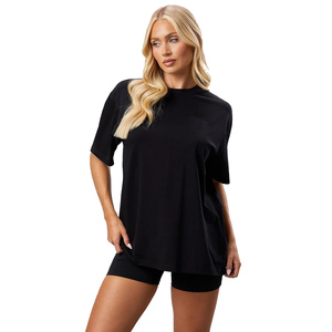 T-shirt oversize noir à col rond pour femme, manches courtes, coupe ample, couleur unie, jersey, à porter toute l'année - Product Image 2