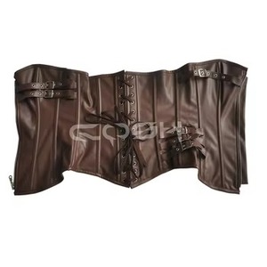 Corset en cuir marron à baleines en acier, fermeture éclair sur le devant, avec double ceinture à lanières - Product Image 3
