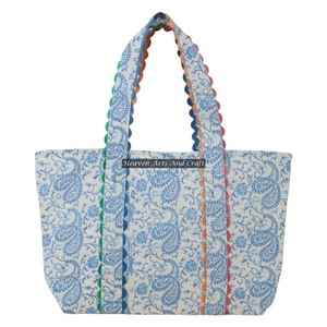 Bolsa de Compras de Algodón Indio con Estampado de Bloques, Hermosa Bolsa de Hombro Hecha a Mano con Estampado de Bloques y Ribete - Product Image 1