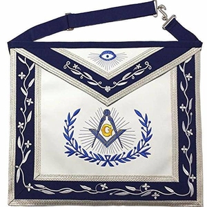 Master Mason Blue Lodge <b>Apron</b> - Navy Blue & <b>White</b> with Silver Braids High Grade Blue Lodge <b>Apron</b> with soft velvet trim, durable - Product Image 1