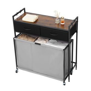 Cesto Portabiancheria a 3 Sezioni con 2 Cassetti e Ganci, Organizer Estraibile con Ruote, Cesto Portabiancheria Mobile - Product Image 2