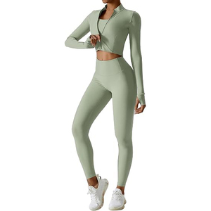 Conjunto Deportivo de Mujer de Alta Elasticidad y Suavidad, Leggings de Cintura Alta, Top Deportivo Corto, Chaqueta con Cierre y Orificios para Pulgares - Product Image 1