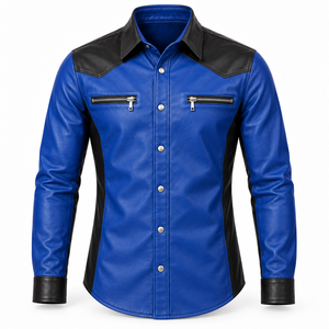 Chemise Western en Cuir Bleu et Noir Premium pour Homme, Manches Longues, Design à Couleurs Contrastées, Col Revers, Double Poche à Fermeture Éclair sur la Poitrine - Product Image 1