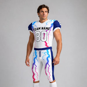 Uniforme de football américain pour hommes, blanc, bleu, rose, imprimé éclairs, col en V, manches courtes, jersey ajusté en polyester respirant, pantalon - Product Image 1