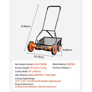 Tagliaerba Manuale a Spinta da 18 Pollici con 5 Lame, Senza Motore, Altezza di Taglio Regolabile da 1.37-2.44, Tagliaerba a Spinta - Product Image 5