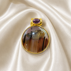 Pendentif en argent sterling 925 avec agate naturelle du Montana et grenat, serti clos, fait main, breloque en pierre précieuse, or rose/or jaune - Product Image 4