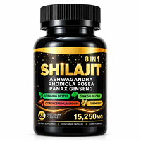 Capsules de complexe Shilajit 8-en-1 15250mg avec Ashwagandha, Rhodiola, Ginseng, Ginkgo, Curcuma, 60 capsules végétales, étiquette privée OEM