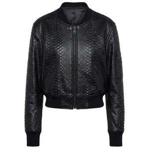 Custom Ladies Faux <b>Leather</b> Snake Pattern Bomber <b>Jacket</b> Casual Long Sleeve Stand Collar <b>Brown</b> PU <b>Leather</b> Crop <b>Jacket</b> - Product Image 4