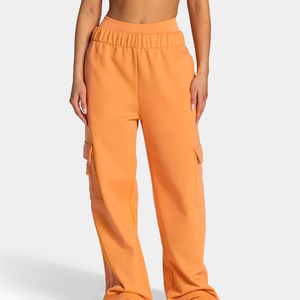 Top Quality Women's Orange High Waist <b>Cargo</b> <b>Pants</b> Loose Fit Full Length Knitted Cotton Multi Pocket Casual Streetwear Wholesale - Product Image 1