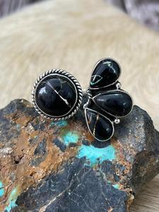 Blackjack Turquoise <b>Adjustable</b> <b>Ring</b> Handmade Sterling Silver Natural Gemstone Southwest Artisan Jewelry Western Style Band - Product Image 1