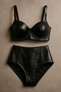 Women's Black Faux Leather Underwire Bra and High Waist Panty Set with <b>Adjustable</b> <b>Strap</b> Full Cup Push Up Lingerie Two Piece - Product Image 4