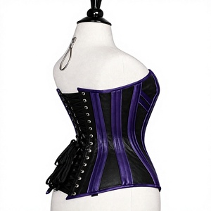 Corset Overbust en Cuir Noir et Violet Personnalisable OEM avec Fermeture Frontale Sans Bretelles et Double Baleine en Acier Argenté – Vente en Gros - Product Image 2