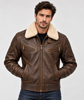 Blouson aviateur en cuir et toile marron pour homme, col rond, style vintage, coupe-vent, imperméable, anti-UV