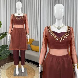 Layered Indian Pakistani Clothing Set Sheer Long Sleeve <b>Top</b> Solid Tunic <b>Net</b> Unstitched Outfit for Festival Wear - Product Image 3