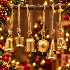 Campanas Metálicas Doradas de Perfil Mixto con Colgadores de Yute para Decoración de Árboles de Navidad y Estilo Festivo - Product Image 2