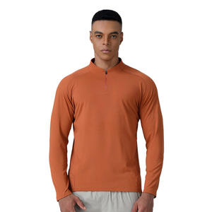 Maillot de sport pour homme, orange, manches longues, col montant, fermeture éclair, performance, évacuation de l'humidité, ajusté, toutes saisons, maillot d'échauffement - Product Image 1