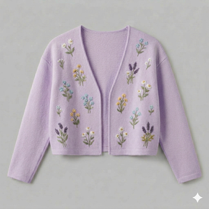 Cardigan en tricot lavande avec broderie florale, col en V, manches longues, haut court pour femme, style chic de la Prairie pour le printemps - Product Image 1