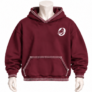 Sweat-shirt à capuche épais bordeaux avec bordure cousue, effet vieilli, surpiqûres contrastées, poche kangourou, coupe oversize décontractée - Product Image 1
