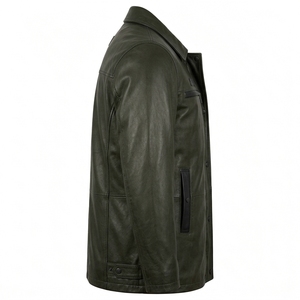 Abrigo de Cuero Genuino Verde Oliva para Hombre con Bolsillo con Cremallera en el Pecho y Ribete Negro, Chaqueta de Invierno Estilo Biker, Abrigo Personalizado de Fábrica - Product Image 3