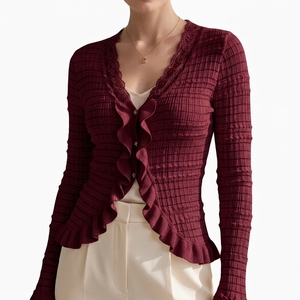 Cardigan en tricot respirant à col en V et manches longues pour femme, coupe courte, idéal pour l'automne, vente en gros personnalisée, doux et décontracté - Product Image 3
