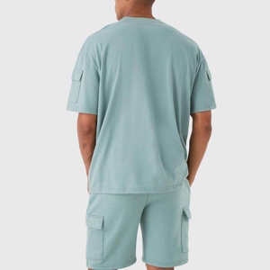 Men's Light Blue Cotton Crew Neck T-Shirt And Cargo Shorts <b>Set</b> Casual Summer Wear Breathable <b>Knitted</b> Fabric - Product Image 4