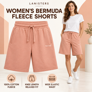 Lanisters Industries <b>Womens</b> Cotton Fleece 300g Bermuda <b>Shorts</b> Knee Length <b>Elastic</b> Drawstring <b>Waist</b> Side Pockets Regular Fit - Product Image 1