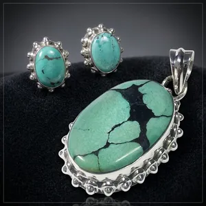 Authentic Tibetan Turquoise 925 Sterling Silver Pendant <b>Earrings</b> Set Oval Cabochon Bohemian Vintage Women's Jewelry Gift - Product Image 4