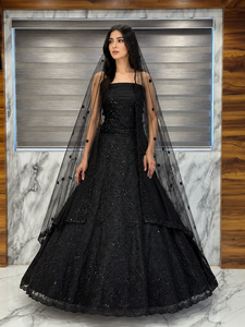 Élégante Robe de Mariée Indienne Noire en Soie pour Femme, Modèle Lehenga Choli en Tulle Brodé avec Voile, Longueur Ras du Sol, Coupe Classique - Product Image 2