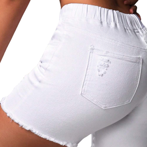 Women's Casual White Denim Shorts Mid <b>Waist</b> Skinny Fit <b>Elastic</b> Drawstring Distressed Raw Hem Quick Dry Breathable Enzyme Wash - Product Image 4