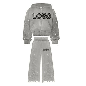 Fournisseur OEM de vêtements : Survêtement personnalisé pour homme avec strass, ensemble de jogging, sweat à capuche entièrement zippé, effet délavé à l'acide - Product Image 4