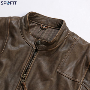 Custom Men's Vintage Leather <b>Jacket</b> Stand Collar Full Zip Casual Motorcycle <b>Jacket</b> with Multiple Pockets - Product Image 5