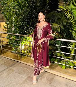 Embroidered Silk Salwar Kameez Set 3 Piece <b>Kurta</b> Palazzo Dupatta <b>Women</b> Wedding Party Outfit - Product Image 1