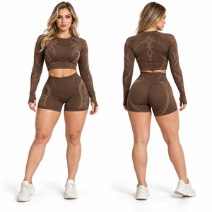 <b>Women</b> Gym Workout <b>Long</b> Sleeve Crop Top Printed Compression <b>Shorts</b> Set Printed Crop Top and <b>Shorts</b> Activewear Set Ladies Fitness - Product Image 2