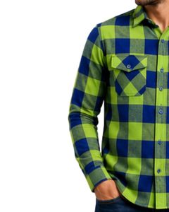 Camisa de Franela a Cuadros Verde Lima y Azul Marino para Hombre, Manga Larga, con Botones, de Algodón, Informal, con Bolsillos en el Pecho, Estilo Urbano - Product Image 3